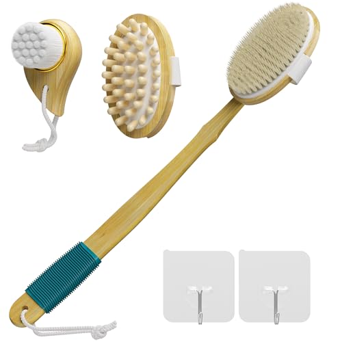 Juego de cepillos de baño, mangos largos con 2 cabezales de cepillo extraíbles, cerdas y partículas de madera, cepillo de lana en forma de gota