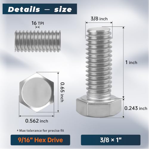 Image of 8 Sets Glvaner 3 /8-16 x 1 Stainless Steel Hex Head Screws Bolts, Nuts, Flat & Lock Washers, 18-8 (304) Stainless Steel, Full Thread, Coarse Thread