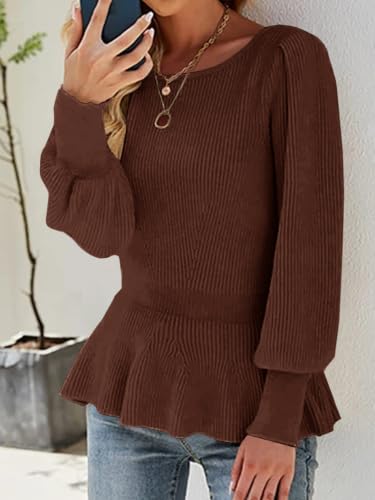 Image of Womens Fall Puff Sleeve Peplum Casual Slim Fit Knit Pullover Sweater Jumper Tops