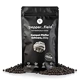 Pepper Field Kampot Pepper Black - Granos de pimienta enteros de Camboya, frescos y sabrosos, granos de pimienta enteros para moler y cocinar, excelente sabor, ideal para cocinar y asar, 250g