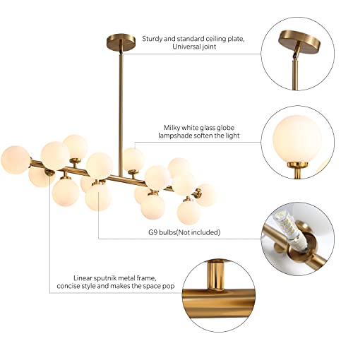 Apbeamlighting Gold Dining Room Chandelier Over Table Mid-Century Modern Rectangle Chandelier Milky White Glass Globe Lampshade Pendant Lighting Fixture For Kitchen Island Dining Table 16 Lights #TOP5