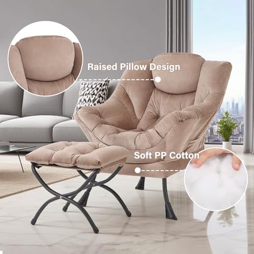 Image of Tiita Lazy Chair with Ottoman, Khaki Modern Large Accent Chair, Comfy Leisure Sofa Armchair with Ottoman, Reading Chair with Footrest for Bedroom, Living Room, Dorm Rooms, Velvet Khaki
