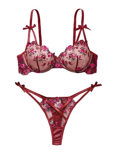 Image of Lilosy Sexy Underwire Cute Push Up Strappy Embroidered Mesh Sheer Lingerie Set See Through Panty Bra