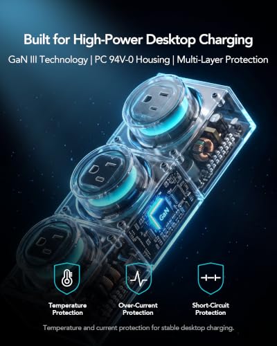 Image of MFish E-Tank 240W GaN Desktop Charging Station, 7-in-1 Desktop Power Hub | 3 AC outlets, 4 USB-C ports, 140W PD 3.1, smart power sharing, RGB lighting