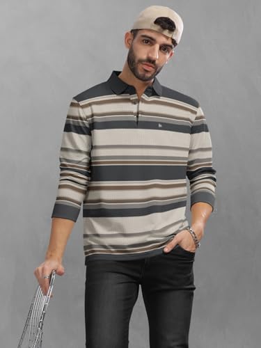 Image of BULLMER Striped Textured Printed Polo Neck Fullsleeve T-Shirt with Rib for Men