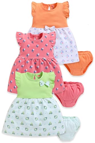 Image of LuvLap Baby Girls Regular Fit 100% Cotton Half Sleeve Girls Knee Length Frock Pack of 3