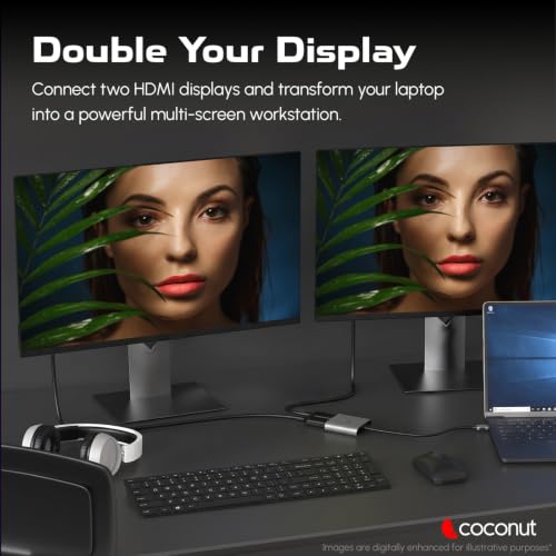 Image of Coconut Type C Dock with Dual HDMI, USB & PD Charging Port | 4 Port - 4K HDMI USB C Hub for Laptop, Dual Monitor Adapter for Windows & MacBook, Type C Hub for Streaming, Trading, Multi Screen Setup
