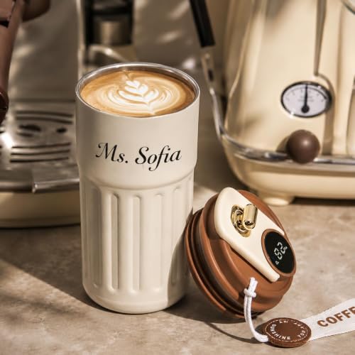 Image of Personalized Coffee Tumbler with Custom Name, Double Wall Vacuum Insulated Stainless Steel Travel Mug with Lid & Strap, Customized Hot & Cold Tea Coffee Cup, Birthday & Corporate Gifts (Cream)