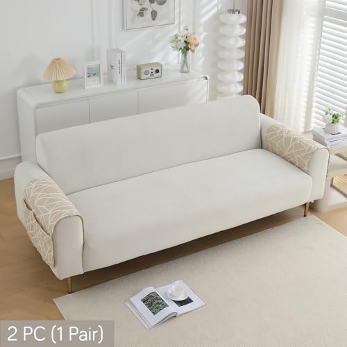 Image of HOKIPO 'Elira Series' Digitally Printed Water Repellent + Waterproof Sofa Armrest Cover with Pockets (2Pcs) - Beige Abstract Geometry (AR-5251-C3*2)