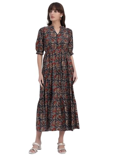 Image of Women's Fit and Flare Dress I Pure Cotton Long Summer Maxi Dress I V-Neck I Casual Wear I Printed Kalamkari Floral Middi