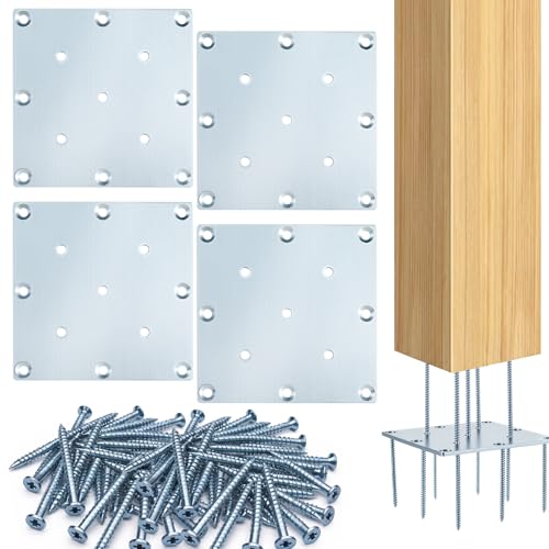 Shimeyao 4 Sets Newel Post Fastener Each Newel Post Mounting Kit Includes 1 Steel Plate and 13 Long Screws Hidden Designed for Installing 3-3.5 Inch Wooden Stair Posts