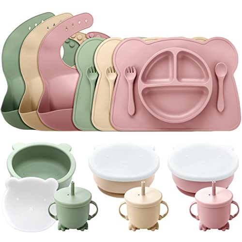 Image of 21 Pcs Silicone Baby Feeding Set Toddler Led Weaning Supplies, Suction Plate for Baby, Baby Spoon and Fork, Bowls, Straw Sippy Cup and Feeding Bib, Placemat, 10+ Month (Dark Color, Fresh Style)