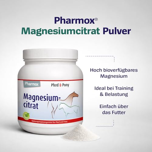 Pharmox Pferd & Pony Magnesiumcitrat (500 Gramm Pulver) - 100% aus reinem Magnesium ohne Zusätze - Hochdosiert - Ist gut für die Muskelfunktion - Für den Erhalt starker Knochen