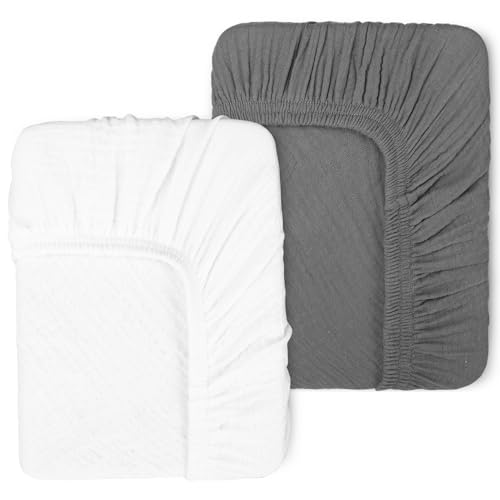Image of PET REJOIR 2 Pack Muslin Fitted Crib Sheets for Baby Girls & Boys-Neutral Breathable Crib Mattress Protector for Standard Crib Mattress(28"x 52")-Soft No Slip Cotton Toddler Bedding-Gray & White