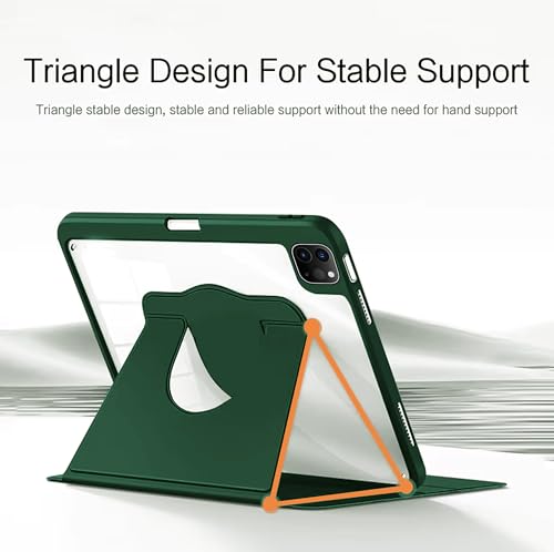 Image of TGK Rotating Case for iPad Pro 12.9 inch (2022 /2021 /2020 /2018, 6th /5th /4th /3rd Gen) with Pencil Holder 360 Degree Rotation Protective Trifold Stand Cover Clear Back (Forest Green)