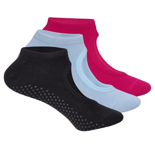 Image of Mint & Oak Pilates Socks with Grips for Women, Ankle Length Non-Slip Yoga Socks, Cotton Ideal For Yoga, Pilates, Gym, Workout, Cute Women's Gift - Set of 3