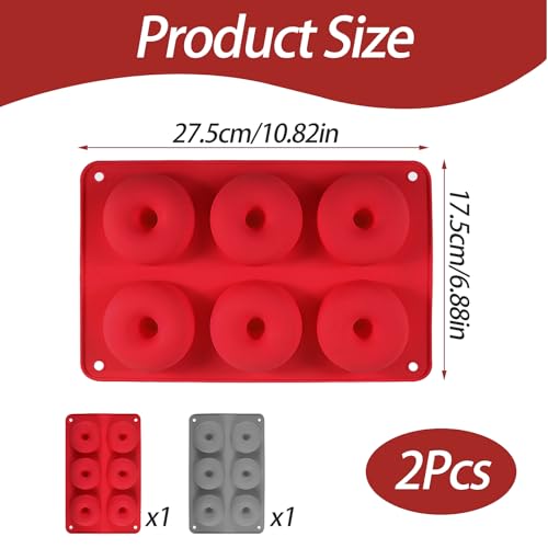 2 Pack Doughnut Mould, 6 Cavity Silicone Donut Molds Non Stick Donut Pan for Baking Mini Doughnut Tray Ring Cake Tins (Red+Grey) - Image 3