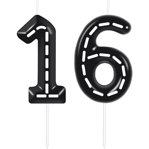 Hongplus Racing Cars Themed Birthday Candles for Cake, Black and White Stripes Candle, Number 16 Candle Happy Birthday Cake Topper for Boys Girls Racing Car Birthday Party Decorations Supplies Gifts