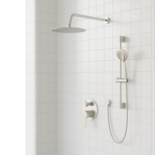 Gabrylly Shower System, High Pressure 12" Rain Shower Head with Handheld Shower, Wall Mounted Slide Bar Shower Faucet Set Complete, Shower Combo Set with Shower Valve,Brushed Nickel