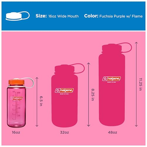 Image of Nalgene 16 oz Wide Mouth Water Bottle | Slim Cup Holder Size, BPA-Free, Durable & Leak Proof Travel Bottle - Thrill & Motion, Fuschia Purple w /Flame