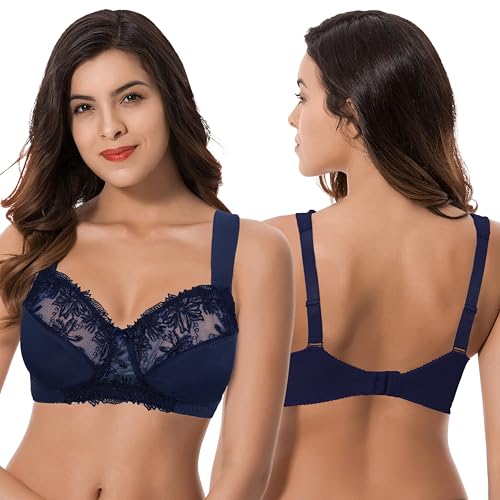 Image of Curve Muse Plus Size Minimizer Unlined Wireless Bra with Lace Embroidery-3Pack