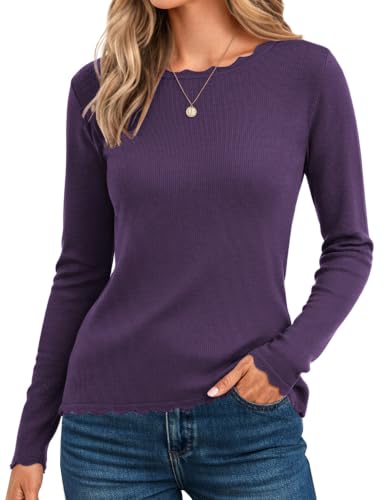 Image of GRACE KARIN Long Sleeve Fall Sweaters for Women Trendy Business Casual Tops | Fashion Clothes,Classic Pullover Shirt,Crew Neck,Scalloped,Lightweight,Soft Comfy,Fitted,Knit,Stretchy,Winter Layer Clothing