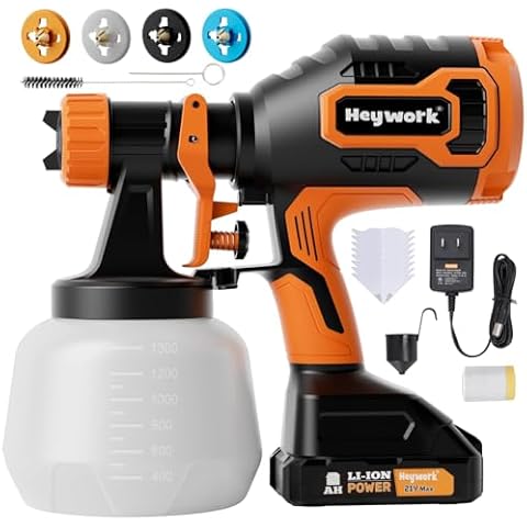 Heywork Cordless Paint Sprayer, Spray Paint Gun, 3 Adjustable Modes with 4 Copper Nozzles, Electric Paint Sprayer for House Painting, Paint Sprayers for Home Interior (2.0Ah Battery Included) Cover