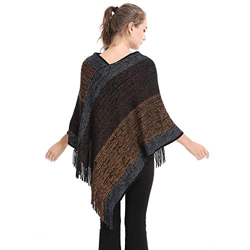 Image of Women's Elegant Knitted Shawl Poncho with Fringed V-Neck Striped Sweater Pullover Cape Gifts for Women Mom