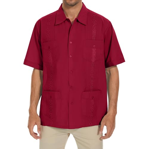 MAXJON Mens Short Sleeve Button-Down Guayabera Shirts for Men Cuban Embroidered Pleats Beach Shirts…2