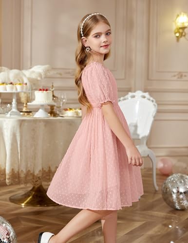 Arshiner Girls Swiss Dot Chiffon Dress Puffy Sleeve Square Neck Smocked Flowy Midi Dresses 5-14 Years2