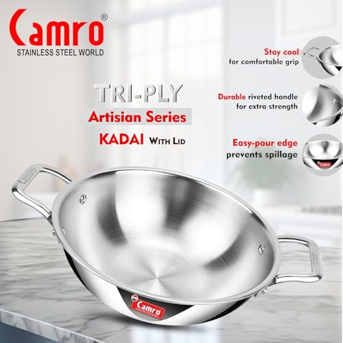 Image of Camro Triply Stainless Steel Kadhai 34 cm | 8 Liter Capacity | Induction Bottom Deep Cooking Kadai | Heavy Duty Cookware | Gas & Induction Compatible | Dishwasher Safe | Mirror Finish