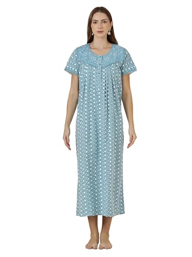 Image of 9shines Label Stylish Chikankari Cotton Nighty Maxi for Women | Full Length Nightgown | Nightdress with Pocket | Embroidery Nighty | Soft Comfortable Cotton Nightwear (1545)