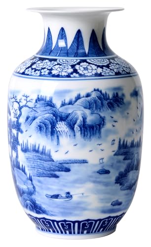 Essenware Blue and White Vintage Vase Chinoiserie Farmhouse Decorative Vases Flower Terracotta pots for Tableshelf Bookshelf Bathroom Living Room Kitchen 9.4 inch