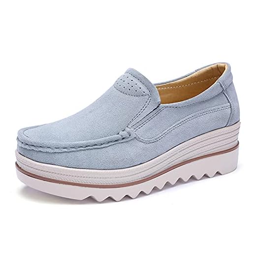 Ruiatoo Mocassins femininos sem cadarço, confortáveis, grossos, macios, sapatos de caminhada casuais para negócios, Cinza, 34