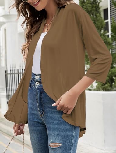 Image of Yekaty Women Cardigan 3 /4 Sleeves Open Front Lightweight Cardigan Draped Ruffles Knit Cardigan