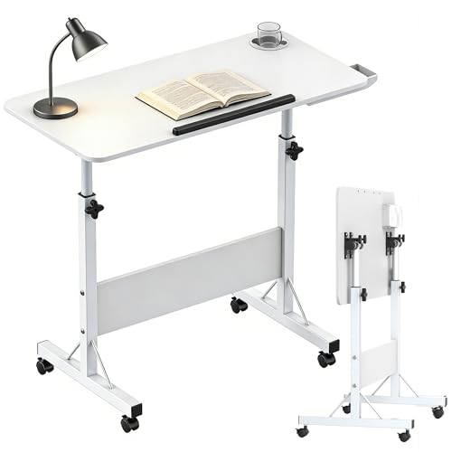 Verdego Höhenverstellbarer Schreibtisch mit Rollen, Kleiner Schreibtisch Klappbar 84x40cm Höhe 67-95 cm, Beistelltisch Höhenverstellbar, Mobiler Computertisch für Homeoffice, Stehpult Kleiner, Weiß