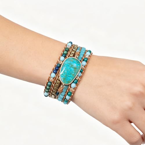 Image of Plumiss Women Boho Handmade Natural Stone Crystal Leather Bead Wrap Bracelets Collection