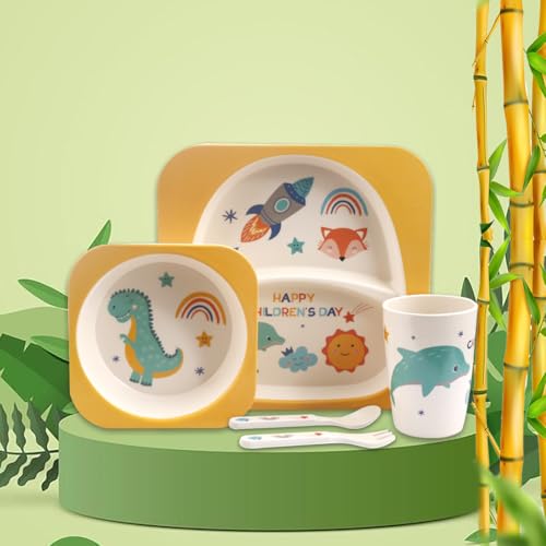 Tony Stark Bamboo Baby Feeding Set - 5-Piece Tableware for Toddlers, Kids & Babies Includes Plate, Bowl, Cup, Spoon, Fork - BPA-Free, Unbreakable Eco-Friendly |Organic & Natural (Dinosaur)