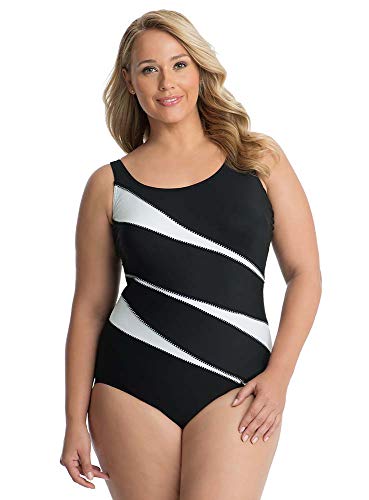 Miraclesuit Women's Plus Size Swimwear Helix Underwire Tummy Control One Piece Swimsuit, Black/White, 18 Plus