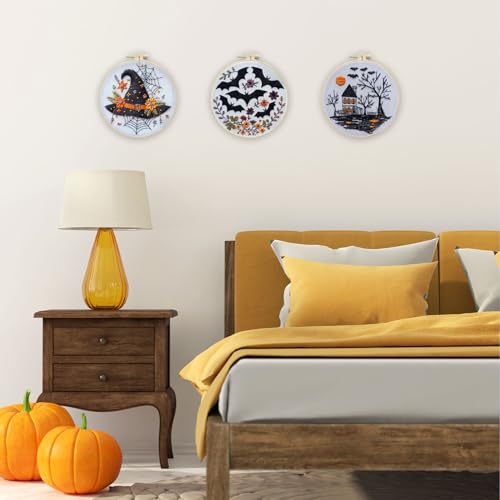 Image of LB Halloween Embroidery Kit for Beginners Adults, 3 Sets Hand Embroidery Starter Kit with Gothic Bat Pattern and Instructions Stamped Cross Stitch Kits Include Embroidery Hoop Needles Threads Scissors