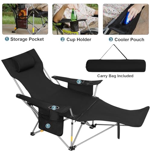 Image of 2Pack 4-Position Reclining Camping Chair with Removable Footrest, 2-in-1 Adjustable Portable Lounge Chair with Cooler Bag, Cup Holder, Side Pockets & Carry Bag for Outdoor, Black
