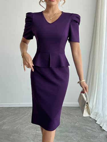Image of Mokayee Womens Summer Puff Sleeve V Neck Peplum Church Business Work Pencil Dresses