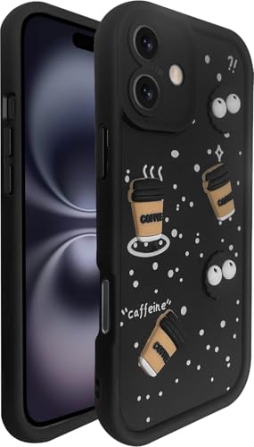 Image of SHINESTAR Back Cover for iPhone 16 Plus - 3D Cartoon Coffee & Eyes Design | Soft Silicone Shockproof Case with Full Camera Protection | Cute & Playful Phone Cover - Black