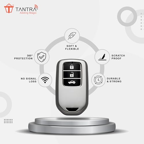 Image of SIAGO TPU Key Cover and Round Keychain Compatible for Honda City, Civic, Jazz, Amaze, CR-V, BR-v, WR-V with 3 Button Smart Key (Grey)