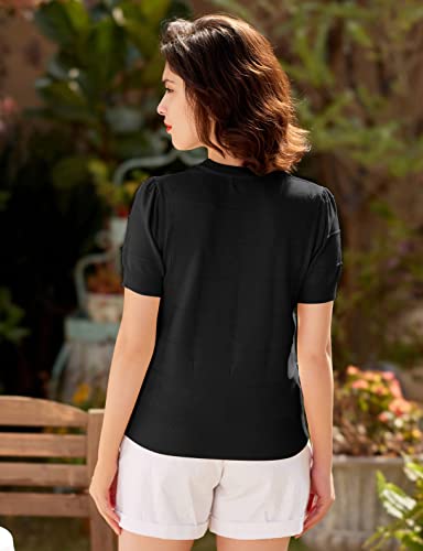 Belle Poque Womens Puff Short Sleeve Sweaters Summer Crew Neck Black Pullover Blouse,M #TOP2