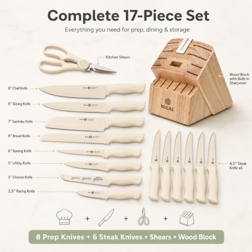 Image of 17-Piece Kitchen Knife Set with Block and Built-in Sharpener, Cream