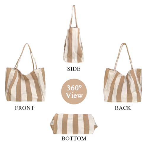 Image of Striped Canvas Tote Handbag for Women Vertical Stripe Large Capacity Shoulder Bag for Shopping Travel