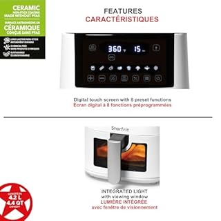 Starfrit Friteuse électrique numérique à air – Capacité de 4,2 L – Surface antiadhésive en céramique – 8 fonctions prédéfinies – Fenêtre de visualisation – 1400 W