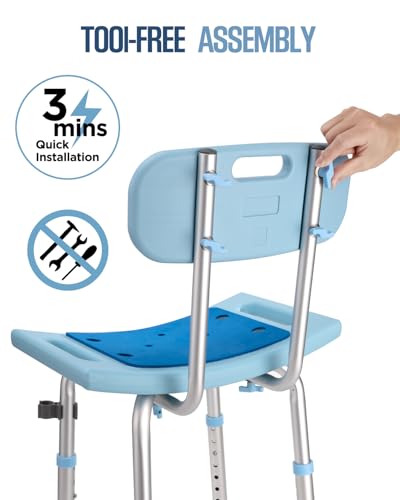 Duschhocker mit Abnehmbarer Rückenlehne, Duschstuhl für Senioren 150KG Belastbar, Höhenverstellbar 34-50cm, Aluminium Duschsitz, Badestuhl, Badehocker für Badewannen