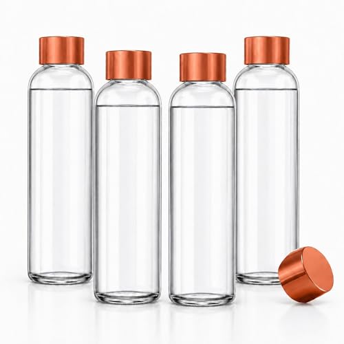Image of Rioware Glass Water Bottle 1 Litre | Airtight lid | Leak Proof | Silicon Cap | Fridge Water Bottles for Home, Office & Gym (1 Ltr- Pack Of 4, Gold)